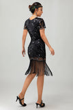 Preto dourado Gatsby lantejoulas 1920s vestido com franjas
