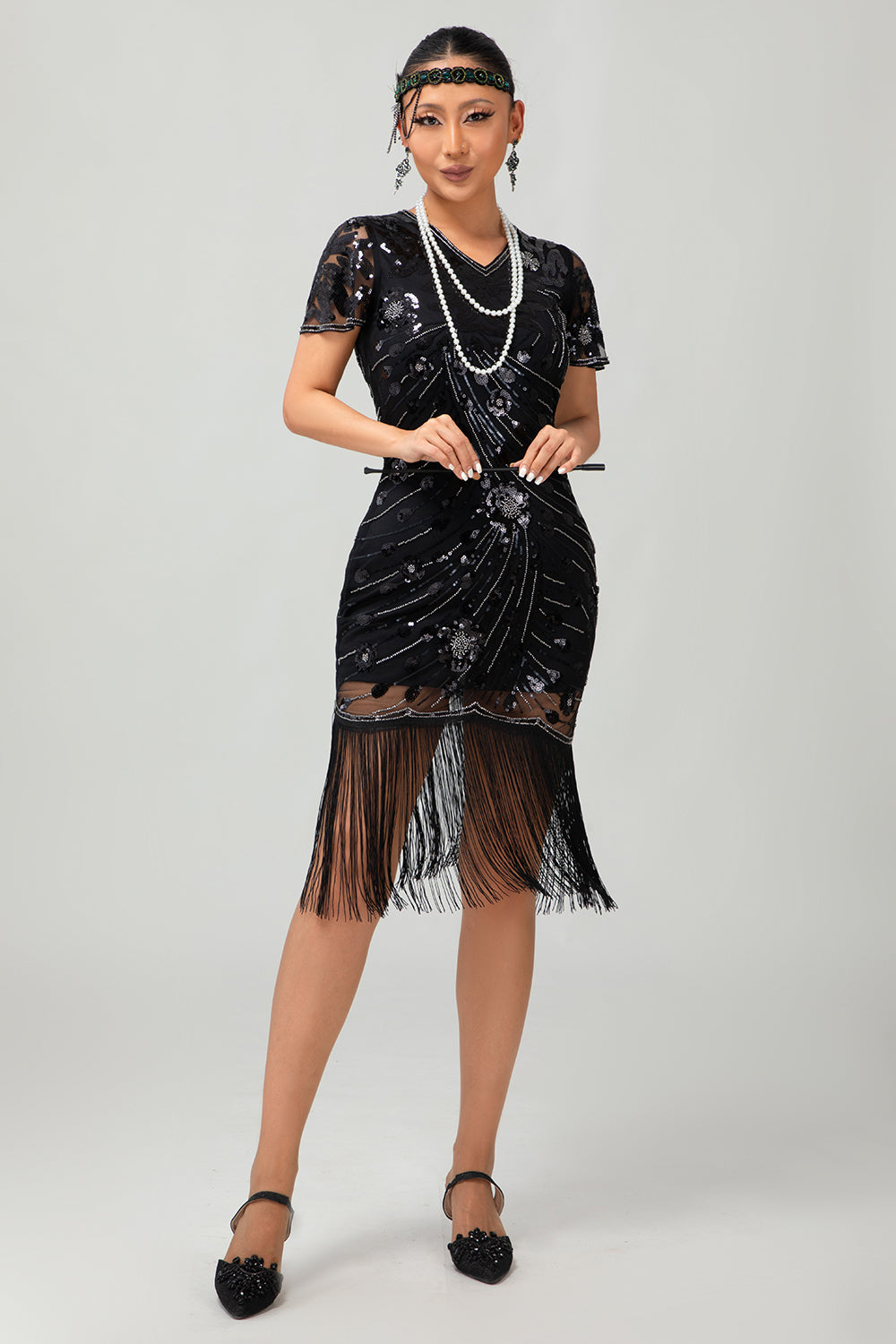 Preto dourado Gatsby lantejoulas 1920s vestido com franjas
