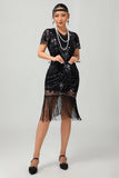 Preto dourado Gatsby lantejoulas 1920s vestido com franjas
