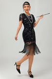 Preto dourado Gatsby lantejoulas 1920s vestido com franjas