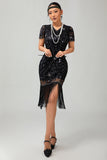 Preto dourado Gatsby lantejoulas 1920s vestido com franjas