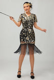 Preto Gatsby Sequins 1920s vestido com franjas