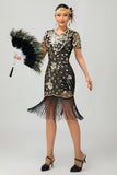Preto dourado Gatsby lantejoulas 1920s vestido com franjas