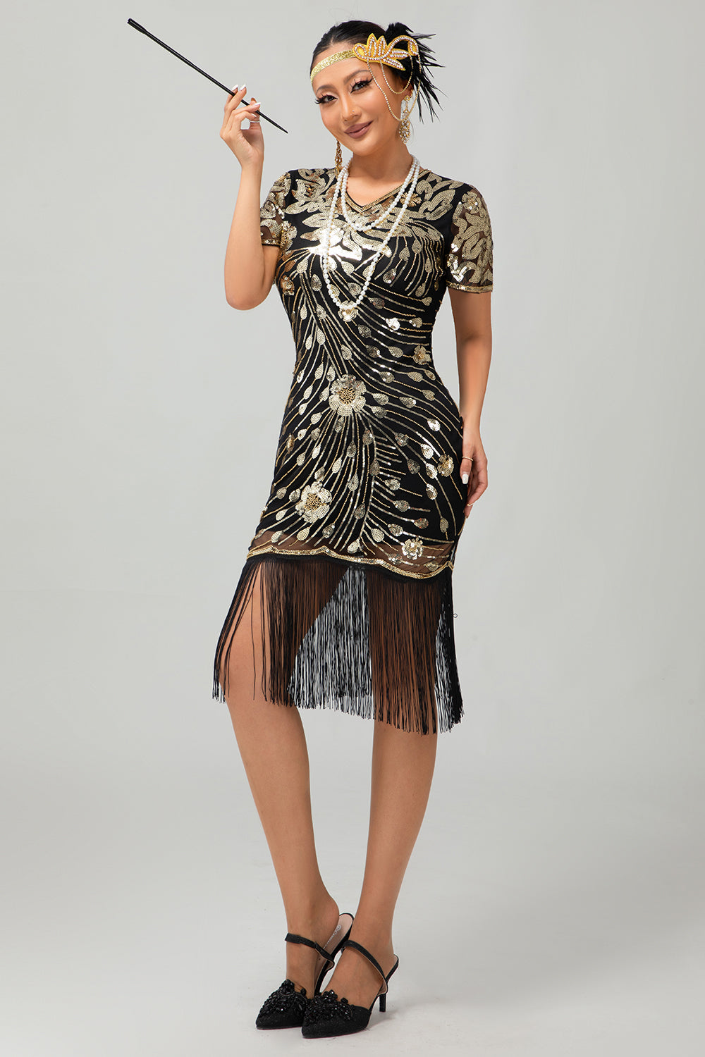 Preto Gatsby Sequins 1920s vestido com franjas