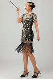 Preto dourado Gatsby lantejoulas 1920s vestido com franjas