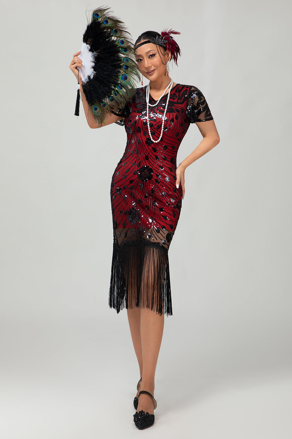 Preto dourado Gatsby lantejoulas 1920s vestido com franjas