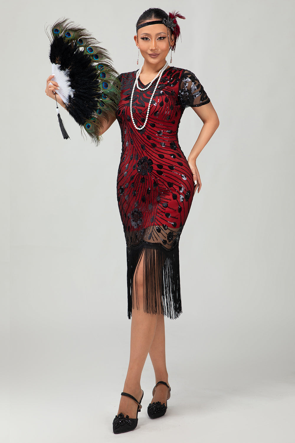 Preto Gatsby Sequins 1920s vestido com franjas