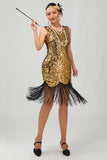 Sparkly Preto Dourado V Pescoço Bodycon 1920s Vestido com Franjas