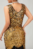 Sparkly Preto Dourado V Pescoço Bodycon 1920s Vestido com Franjas