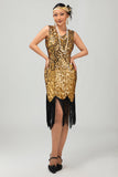 Sparkly Preto Dourado V Pescoço Bodycon 1920s Vestido com Franjas