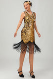 Sparkly Preto Dourado V Pescoço Bodycon 1920s Vestido com Franjas