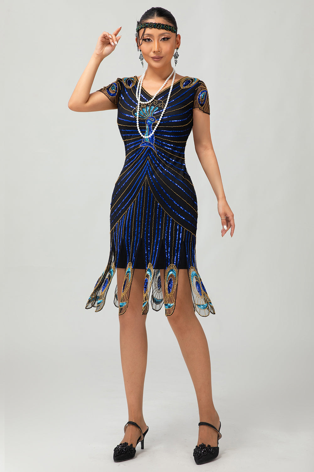 Lantejoulas Preto Azul 1920s Bodycon Gatsby Vestido com mangas curtas