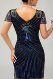 Lantejoulas Preto Azul 1920s Bodycon Gatsby Vestido com mangas curtas