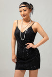 Sparkly Preto Sequins V Pescoço Bodycon 1920s Vestido