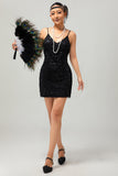 Sparkly Preto Sequins V Pescoço Bodycon 1920s Vestido
