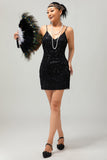 Sparkly Preto Sequins V Pescoço Bodycon 1920s Vestido