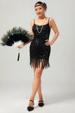 Sparkly Black Sequin Gatsby vestido curto dos anos 1920 com franjas