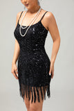 Sparkly Black Sequin Gatsby vestido curto dos anos 1920 com franjas
