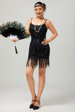Sparkly Black Sequin Gatsby vestido curto dos anos 1920 com franjas