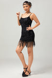 Sparkly Black Sequin Gatsby vestido curto dos anos 1920 com franjas