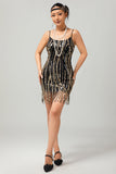 Preto Dourado Sequin Gatsby Vestido Curto dos anos 1920 com Franjas