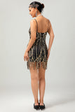 Preto Dourado Sequin Gatsby Vestido Curto dos anos 1920 com Franjas