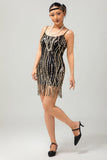 Preto Dourado Sequin Gatsby Vestido Curto dos anos 1920 com Franjas