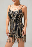 Preto Dourado Sequin Gatsby Vestido Curto dos anos 1920 com Franjas