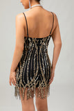 Preto Dourado Sequin Gatsby Vestido Curto dos anos 1920 com Franjas