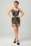 Preto Dourado Sequin Gatsby Vestido Curto dos anos 1920 com Franjas