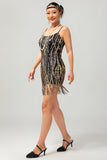 Preto Dourado Sequin Gatsby Vestido Curto dos anos 1920 com Franjas