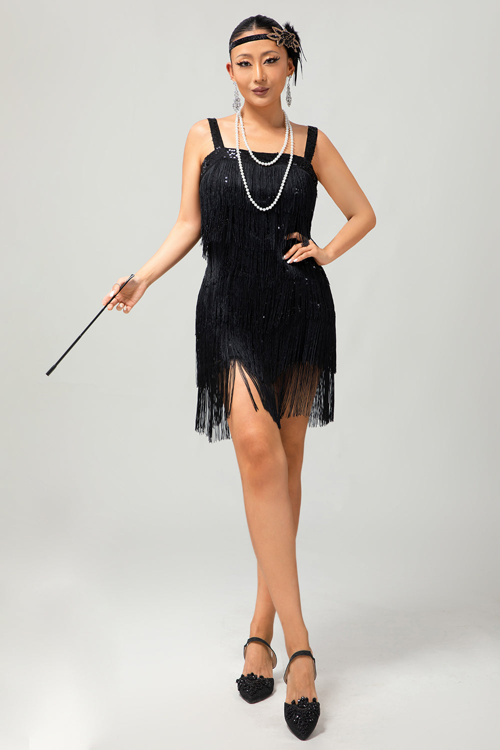 Paetês pretas Gatsby Bodycon Vestido curto dos anos 1920 com franjas