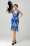 Royal Blue Sequin Gatsby vestido curto dos anos 1920 com franjas