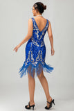Royal Blue Sequin Gatsby vestido curto dos anos 1920 com franjas