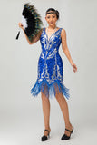 Royal Blue Sequin Gatsby vestido curto dos anos 1920 com franjas