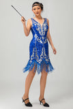 Royal Blue Sequin Gatsby vestido curto dos anos 1920 com franjas