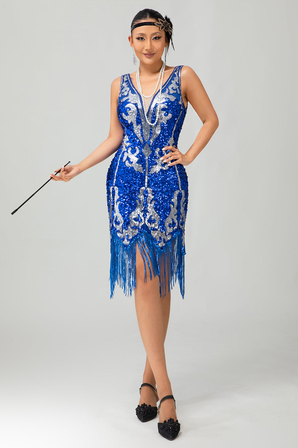 Royal Blue Sequin Gatsby vestido curto dos anos 1920 com franjas