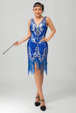 Royal Blue Sequin Gatsby vestido curto dos anos 1920 com franjas