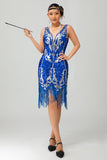 Royal Blue Sequin Gatsby vestido curto dos anos 1920 com franjas