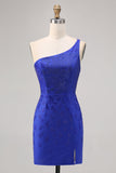 Azul Real Bodycon Um Ombro Mini Vestido Cocktail