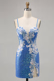 Brilhante Flores Azul Bodycon Lantejoulas Mini Vestido Cocktail