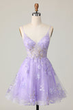 Vestido roxo A Line Tulle Homecoming com apliques