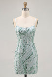 Green Bodycon Esparguete Correias Frisado Homecoming Dress com Sequins