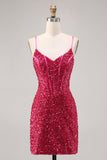 Brilhante Fuchsia Bodycon Espartilho Mini Vestido Cocktail