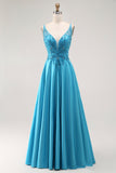 Uma linha frisada longo vestido de baile azul com apliques