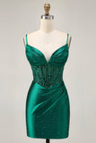 Verde escuro bodycon espartilho sequins cetim homecoming vestido