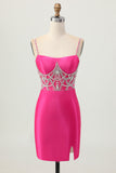 Fuchsia Bodycon Esparguete Correias Cetim Homecoming Vestido com Fenda