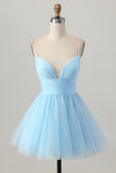 Sky Blue Uma Linha Esparguete Correias Vestido Curto Homecoming