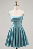 Corset Cetim Cinza Verde A-line Vestido Curto Homecoming