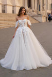 Off The Shoulder Marfim Appliqued A Line Sweep Train Vestido de Noiva